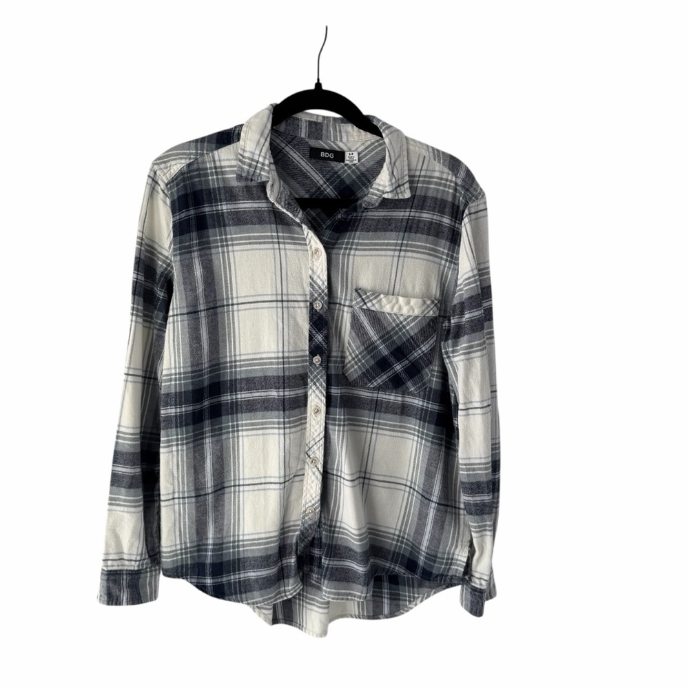 BDG Women's S-P Blue & White Plaid Long-Sleeve Button-Down Classic Casual Shirt